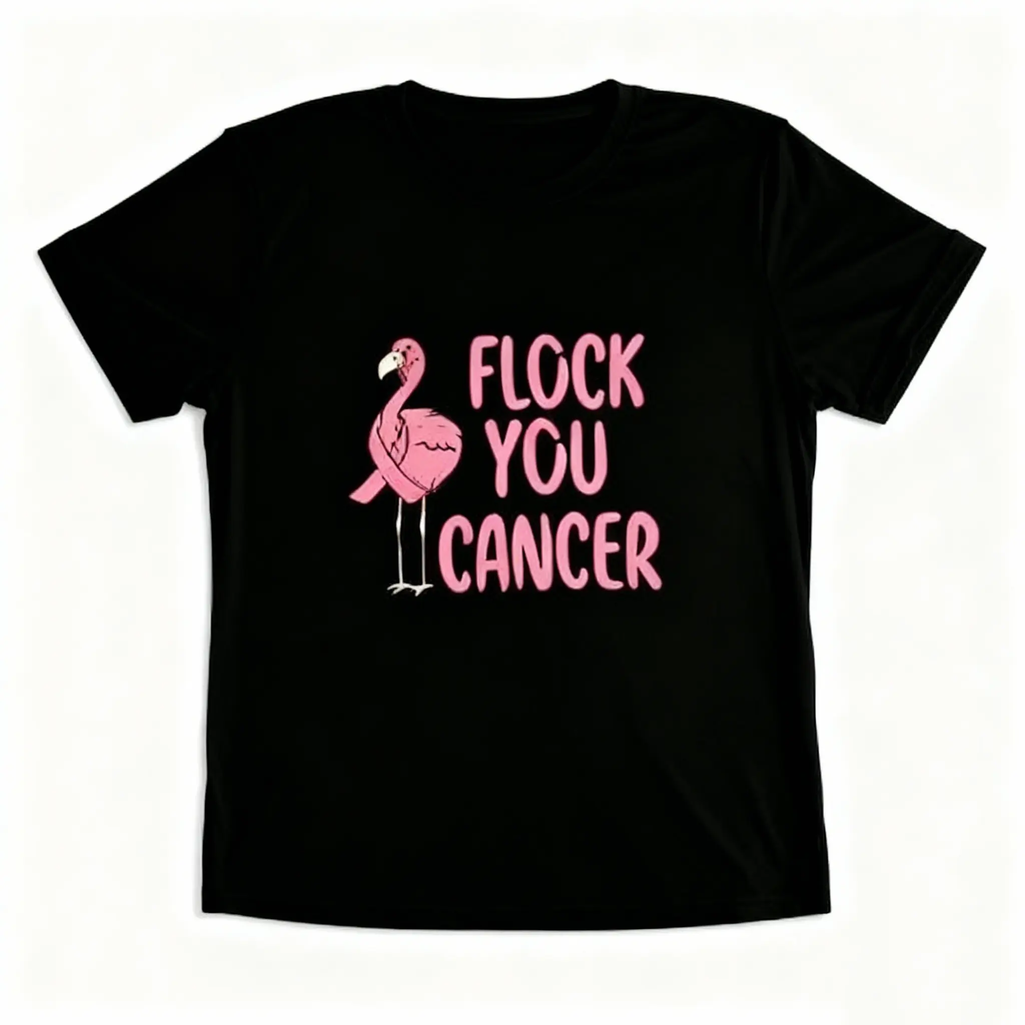 Women's Plus size Oversize Cotton T-shirt Breast Cancer Awareness Graphic T-Shirt  "FLOCK YOU CANCER" Flamingo Print, Casual Short Sleeve Round Neck Tee, Machine Washable, Playful Design Shirt, Size L-3XL 4XL 5XL