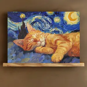 1pc Wooden Framed Canvas Painting Orange Tabby Cat Canvas Print, Starry Night, Artistic Watercolor Painting, for Bedroom, Living Room, Classroom, Office, Hallway Decoration, 11.8x15.7 Inch