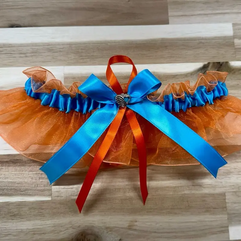 Heart wedding garter turquoise and orange organza.