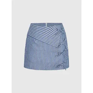 URBAN REVIVO Women's Body-Fit Mid-Waist Hips-Flattening Striped Skirt - Polyester-Cotton Shell Fabric, Lace-Up Bottom, Multi-Size, Body-Fit Skirts