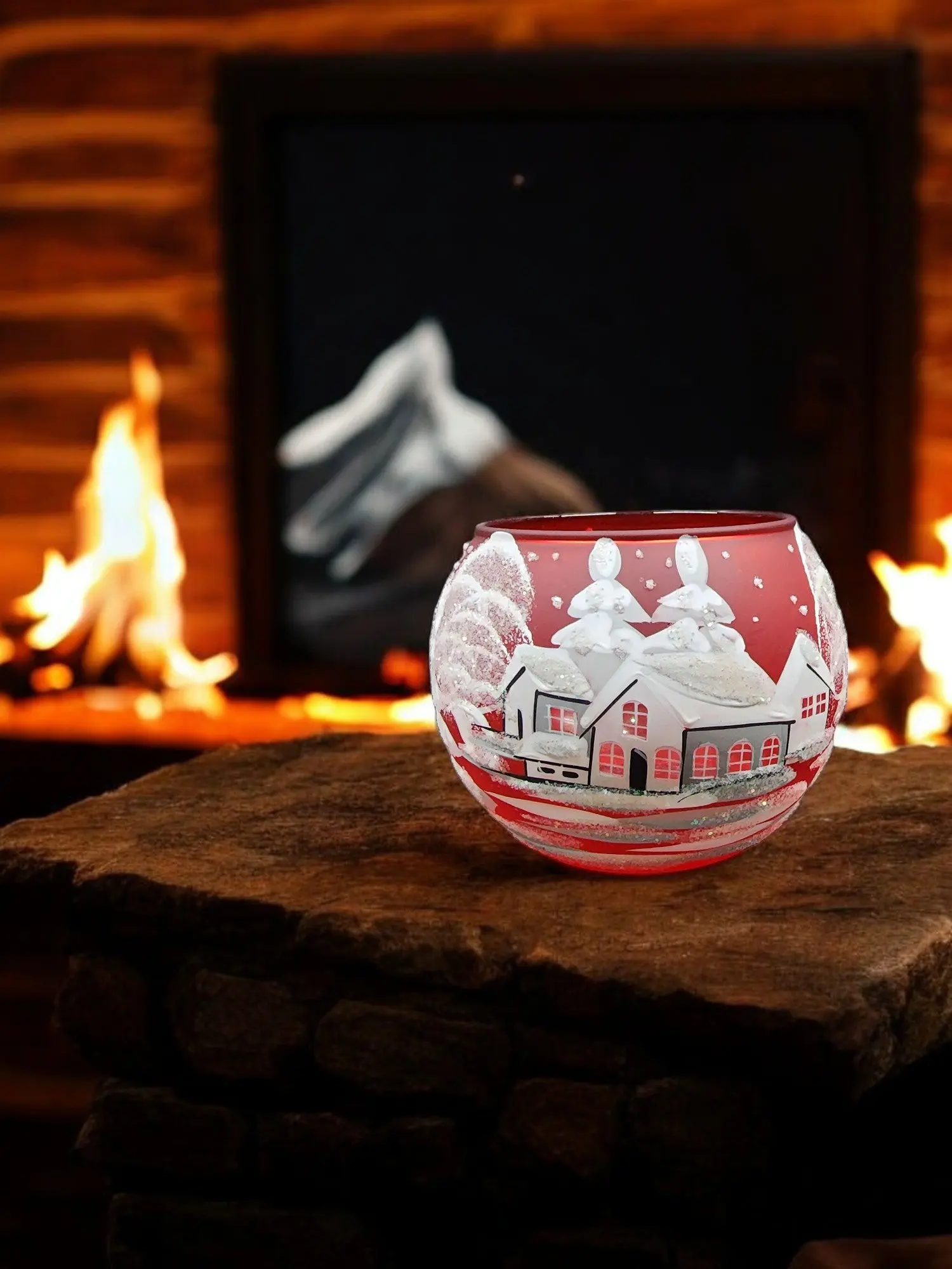 Red Glass Candle Holder, Hand Crafted in Ukraine, White Cabin Winter Wonderland, Wonderful Year Round