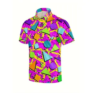 Breathable Fabric] Men's Retro 80s 90s Geometric-Pattern Shirt, 100% Polyester High Stretch Fabric, Short Sleeve, Half Placket with Button Detail, Breathable Elastic Summer Top for Golf & Tennis, Breathable Activewear | Geometric Pattern Shirt | Stretchy