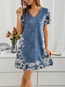 New Summer Autumn Women's European Style Bohemian A-Line Dress, V-Neck Lavender Print Slimming Fake Denim, Elegant Lady Fashion