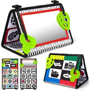 Tummy Time Baby Mirror Toys with Teethers, Double Black and White High Contrast Baby Toys 0-6 Months, Foldable Floor Sensory Development Toys for Infants Newborn