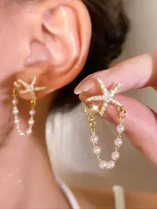 Bohemian Style Pearl Shell Starfish Earrings, Full Rhinestone Zinc Alloy Chain Design, Elegant Women's Jewelry for Daily Wear, Casual Earrings, Dainty Earrings