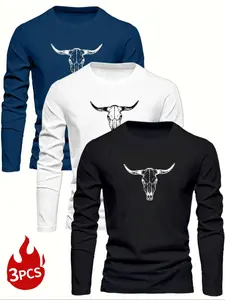 Men's 3-Piece Knit Cow Print Crew Neck Long Sleeve T-Shirt Set, Comfortable Fashion Casual Wear, Layering & Leisure