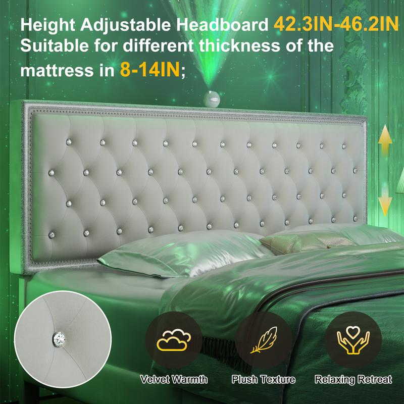 GEGOFORU Queen LED Galaxy Bed Frame with Projector, Bluetooth Speakers & USB Charging, RGB Lighting, White Velvet Upholstered Platform Bed, No Box Spring Needed