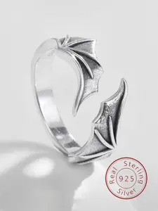 S925 Sterling Silver Bat Wing Design Cuff Ring, Fashion Retro Style Ring for Men & Women, Trendy All-match & Exquisite Jewelry, Elegant Fashion Rings for Birthday Gift