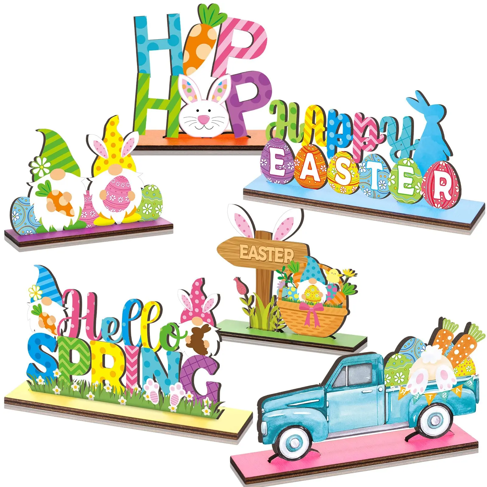 Easter Wooden Sign, 6 Counts/set Colorful Easter Themed Desktop Decoration, Happy Easter Decoration for Home Kitchen Dining Room, Ornaments