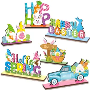 Easter Wooden Sign, 6 Counts/set Colorful Easter Themed Desktop Decoration, Happy Easter Decoration for Home Kitchen Dining Room, Ornaments