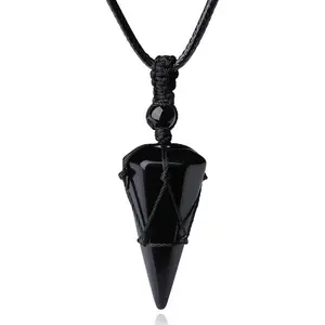 Natural Obsidian Stone Pendant Necklace Black Gemstone Wrap Necklace Adjustable Rope for Daily Use