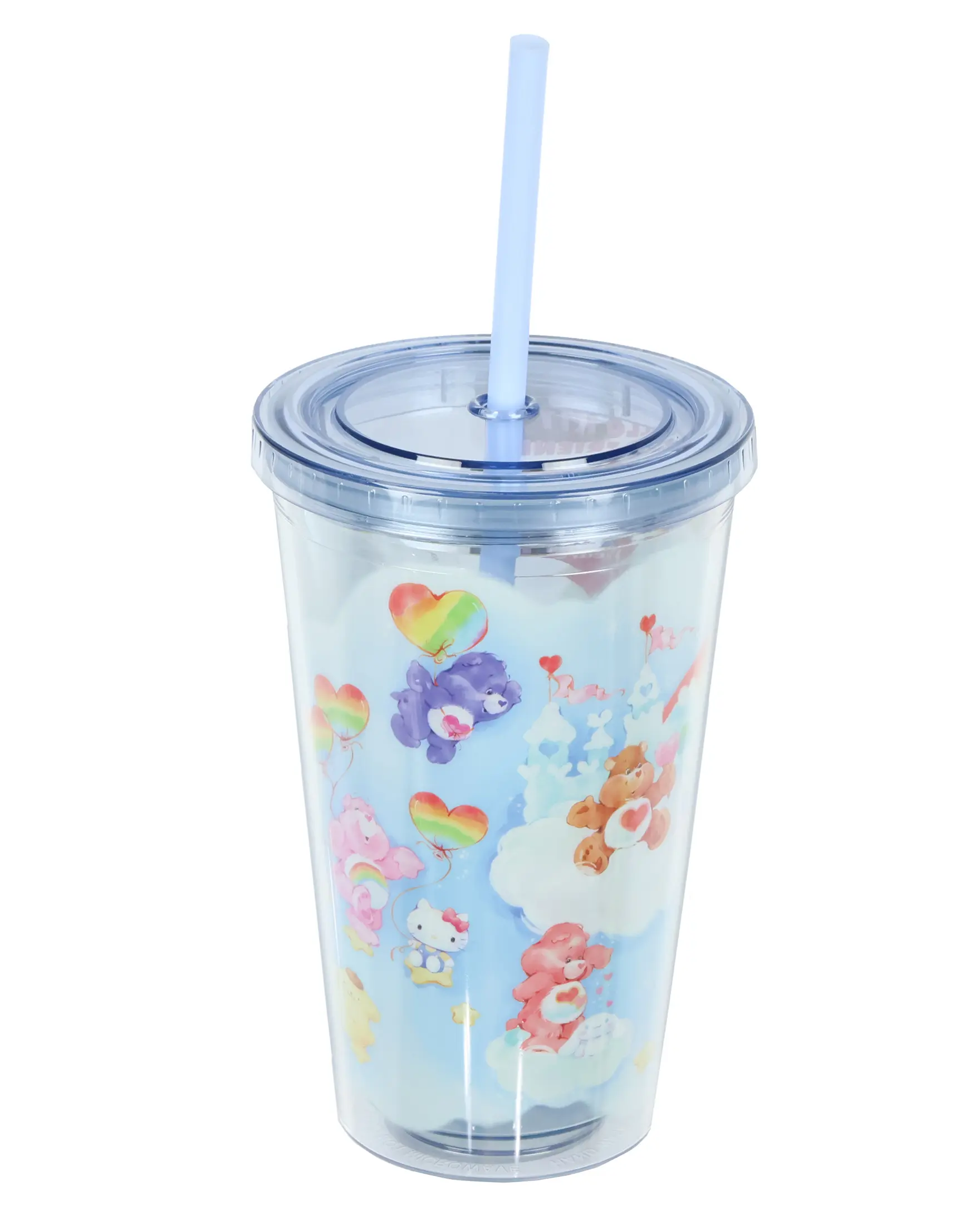 Hello Kitty and Friends x Care Bears Allover Cloud Character Design Reusable Tumbler 16 oz Acrylic Travel Cup with Lid and Straw