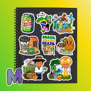 Waterproof Brazil Sticker Set of Eight (8) Large Decals — Brazilian Icons (Guaraná, Coxinha, Coffee, Map)