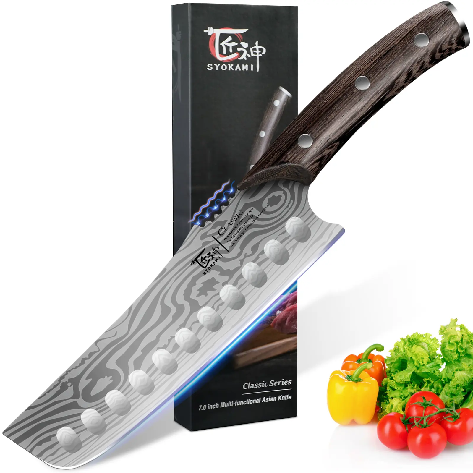 【DealsForYouDays】SYOKAMI 7.2-Inch Japanese Nakiri Chef Knife, Razor-Sharp Kitchenware, Damascus Pattern, Ergonomic Full-Tang Wooden Handle, Precision Vegetable Cutting Tool, Valentine's Day Gift, Ergonomic Handle