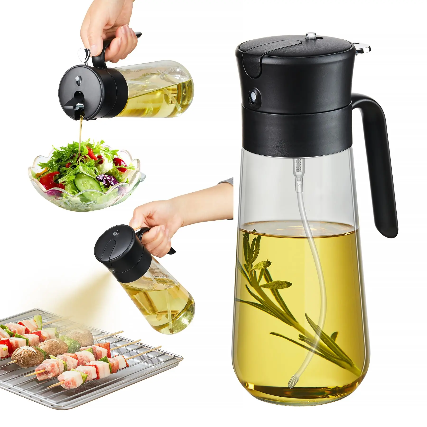2 in 1 Oil Bottle & Sprayer, 1 Count 18oz Dual Mode Dispenser with Auto Lid, One-hand Operation Oil Dispenser, Kitchen Utensils & Gadgets