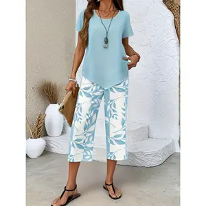 Casual Two-Piece Outfit for Women in Spring And Summer, Featuring a Light Blue Short-Sleeve Round Neck Top with White Leaf Pattern, Wide-Leg Pants That Are Loose Comfy, Perfect Everyday Outings, Home Wear, Commuting Women's Summer Lounge Set matching sets