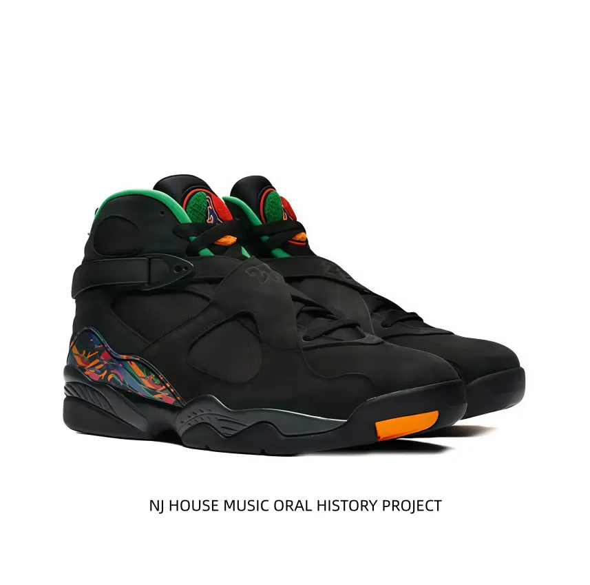 Matte black suede high-top sneakers with eye-catching colorful side graphics and bright green inner collar. Adjustable ankle strap delivers stable wrapping, cushioned sole fits street fashion and daily casual wear.