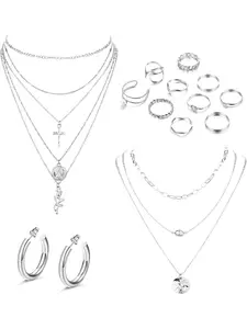 14 Pieces Gold Silver Jewellery Set for Women Hypoallergenic Open Hoop Thick Gold Earrings Layered Flower Coin Necklace Multiple Stackable Rings Jewellery Set