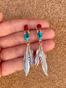 Bohemian Vintage Faux Turquoise Feather Pendant Earrings, Women's Ethnic Style Holiday Accessory Gift Ready, Personalized Fashion Jewelry