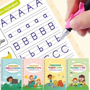 Magic Grooved Practice Copybook, 4 Counts/set Reusable Grooved Handwriting Workbooks with 1 Pen & 10 Refills & 1 Random Color Pen Grip, Handwriting Practice Book for Kids, Tracing Preschool Books