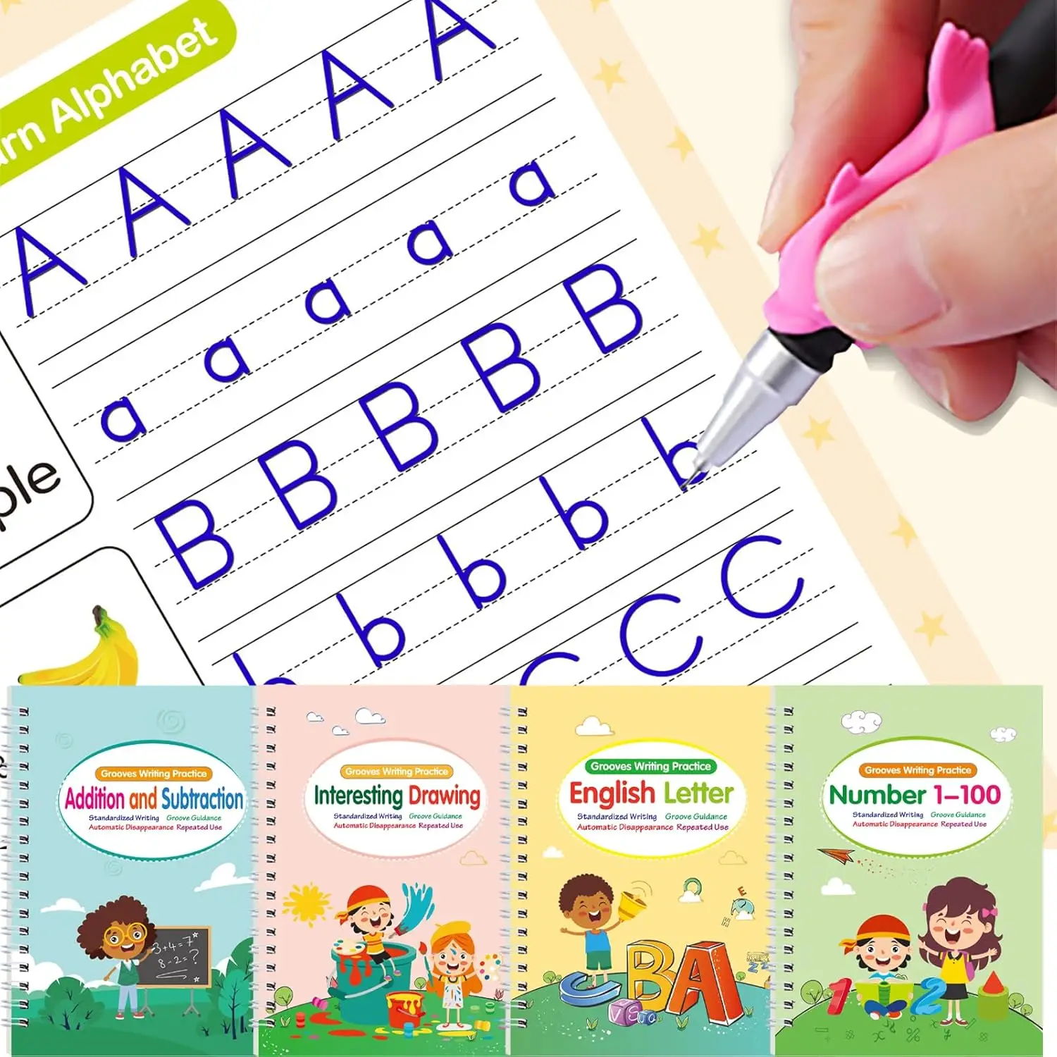 Magic Grooved Practice Copybook, 4 Counts/set Reusable Grooved Handwriting Workbooks with 1 Pen & 10 Refills & 1 Random Color Pen Grip, Handwriting Pr