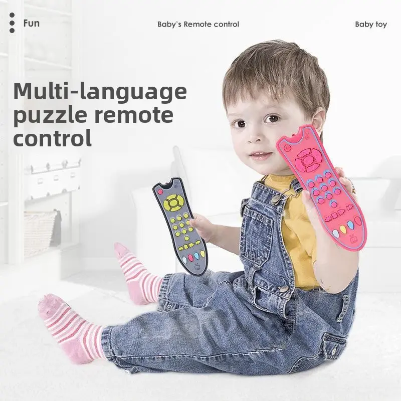 Baby Remote Control Toy - ABS Silicone Ergonomic Teeth-Safe Light-Up Sensory Early Learning Toy, 3-Language (English,French,Spanish) Support, Realistic TV Remote, Musical Rattle, Baby Shower Gift for 0-3 Year-Olds (Yes/None Function Indicator), First Birt