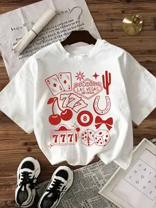 Las Vegas Casino" Retro Graphic Print Tee - Women's White Oversized Knit T-Shirt Fitted