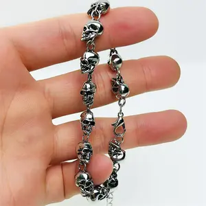 Stainless Steel Skull Bead Linked Strand Bracelet for Men and Women, Gothic Punk Rock Biker Skull Jewelry Gift