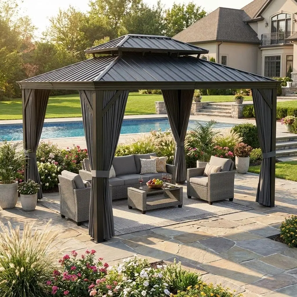 Garvee 18'x12' Hardtop Gazebo, Heavy Duty Aluminum Permanent Hardtop Gazebo Outdoor Pavilion with Curtains and Netting for Garden (Gray, 18'x12')