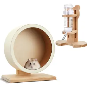 2 Pcs S 7.9 Inch Wooden Hamster Wheel Silent Exercise Wheel with Water Bottle Stand Stable Running for Dwarf Hamster Gerbil Mouse Small Animal Cage Accessories