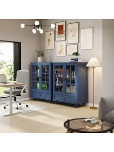 Minimalist Blue Buffet Cabinet with Double Glass Doors and Drawer, Modern Wooden Storage Sideboard Cupboard for Living room, Dining Room Hallway Entryway
