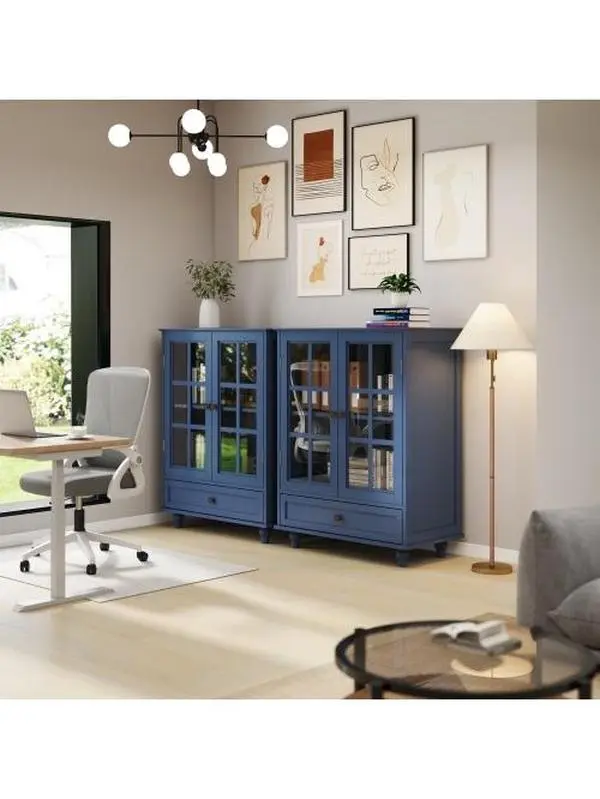 Minimalist Blue Buffet Cabinet with Double Glass Doors and Drawer, Modern Wooden Storage Sideboard Cupboard for Living room, Dining Room Hallway Entryway