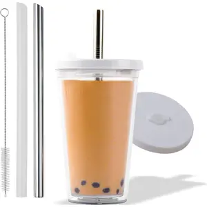 Reusable Boba Cup for Regular Size Bubble Tea (16 Oz), Angled Straws, Leak Proof Design, Double Wall Insulated Bubble Tea Cup
