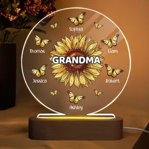 Personalized Sunflower Grandma Butterflies Night Acrylic Plaque Sign, Mother Day Gift For Grandma Mom Nana, Custom GrandKid Name