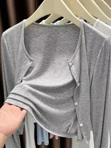 Women's Ribbed Asymmetrical Button Cardigan, Long Sleeve Outerwear, Sun Protection Shawl, Perfect for Tank Dresses and Beach Wear