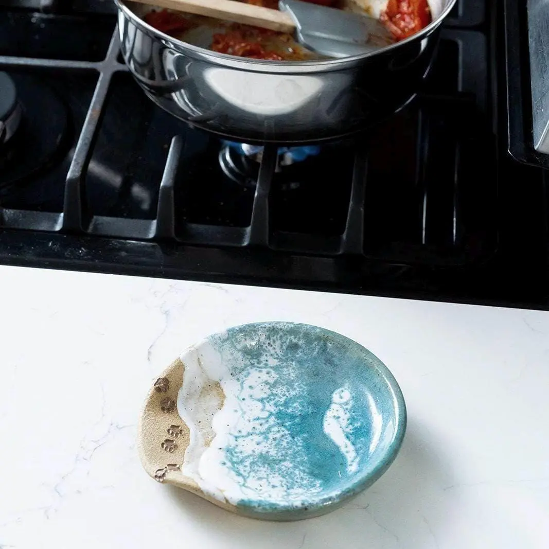 Handmade Ceramic Paw Print Spoon Rest: Ocean Shoreline Kitchen Decor