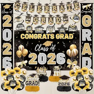 2026 Graduation Party Decorations Kit Black and  - Includes Backdrop, Banner, Balloons,  Swirls, Honeycomb Centerpieces for Class of 2026 High School College Graduation Party Supplies