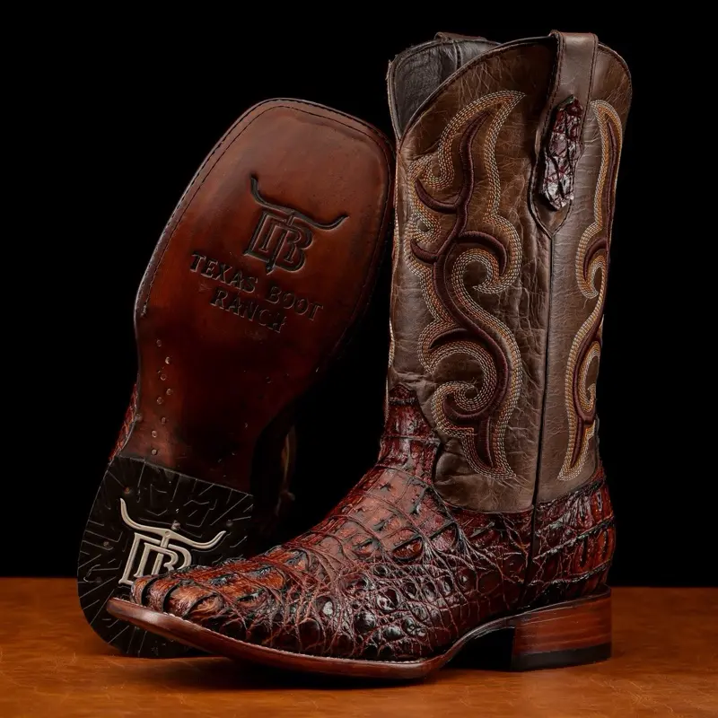 Cognac Caiman Neck Print Leather Boots - Square Toe