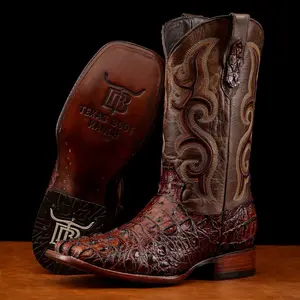Cognac Caiman Neck Print Leather Boots - Square Toe