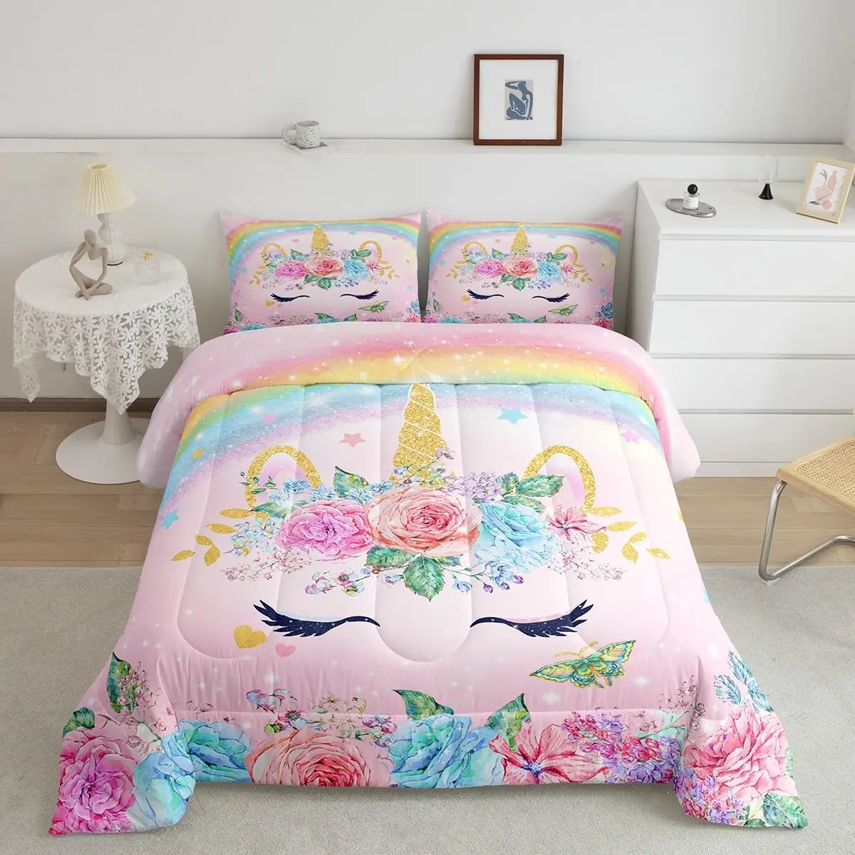 Feelyou 3D Unicorn Rainbow Pattern Decorative Bedroom Bedding Set - Ultra-Soft Fluffy Flower Comforter Set for Kids' Room Decor, Decorative Bedding Set