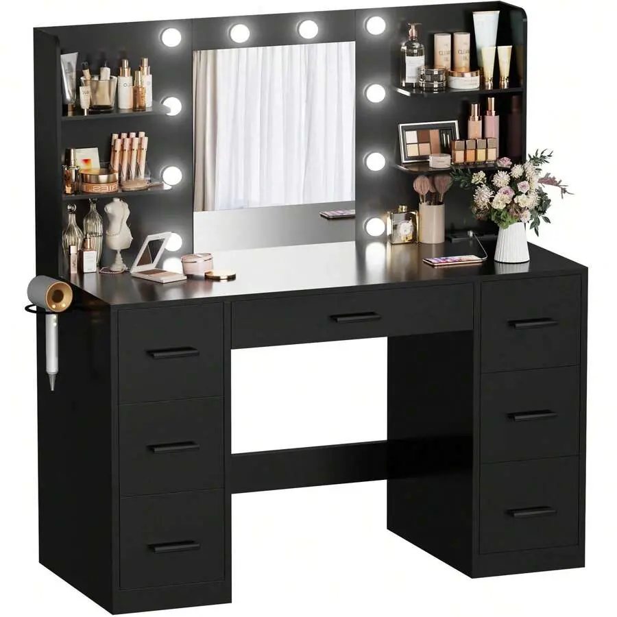 43" White Classic Makeup Vanity with Mirror, 7 Drawers for Desk Storage, 3-Color & Brightness Adjustable Table Bulbs, Power Outlets & USB Ports