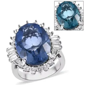 Oval Color Change Fluorite & White Zircon Halo Ring In Rhodium over Sterling Silver 9.00ctw