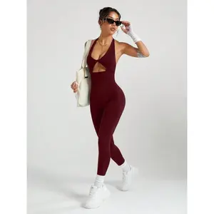 Seamless deep V-backless high elasticity women's yoga gym jumpsuit, comfortable and breathable sportswear, women's fitness suit, backless sports jumpsuitRAIMENTRY