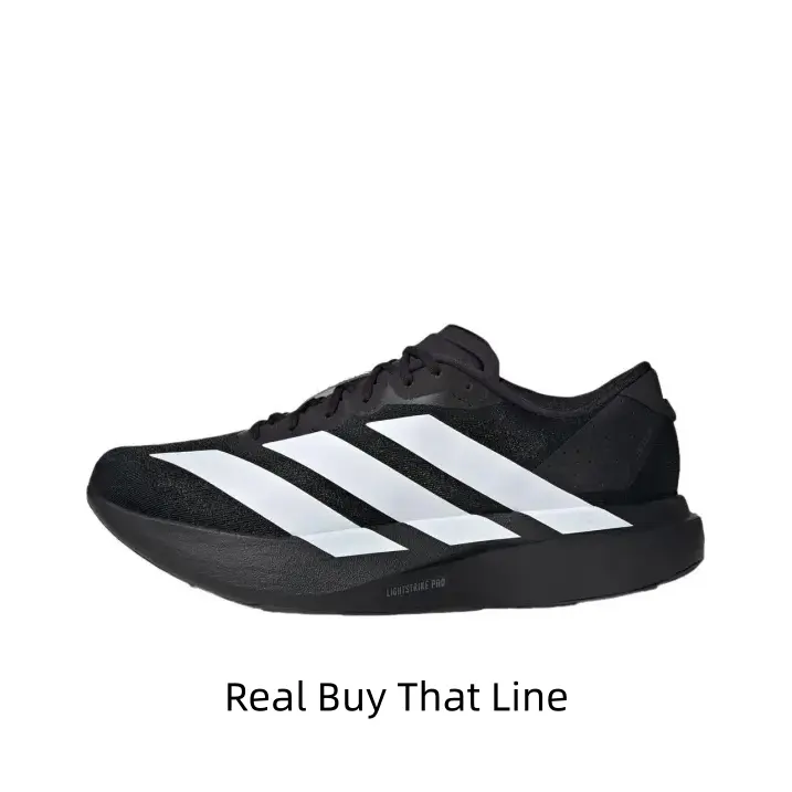 This matte black lightweight racing sneaker with crisp white wide stripes is my core training gear. Ultra-breathable woven mesh matches full black high-rebound foam sole, ideal for marathon training, track sprints and daily long-distance jogging.