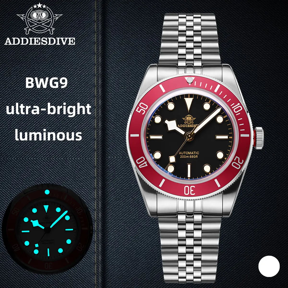 ADDIESDIVE Diver Watches for Men Automatic Watches - 39mm Dial & Sapphire Crystal | 200m Waterproof BGW9 Luminous Men's Analog Stainless Steel Watch AD2043