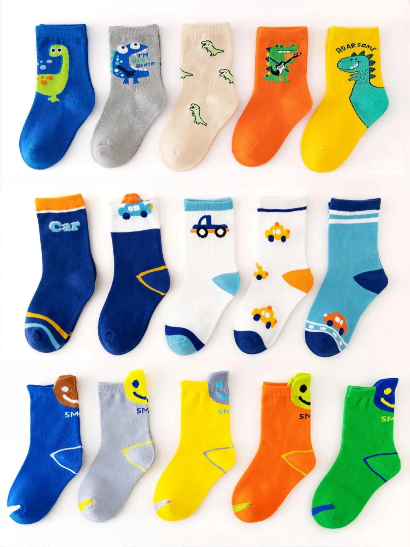 Boy's 15 Pairs Cartoon Pattern  Calf Socks, Cute Soft Comfortable Breathable Casual Stylish Socks for Daily Wear, Kid's Socks for All Seasons, Dinosaur Socks