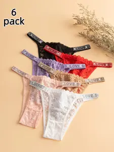 Fashion Rhinestone Design Women's Bikini Underwear, 6 Colors Letter Rhinestone Thong, Lace Cutout Sexy Comfortable Panties, Soft Breathable G String All-Season, 6 Pcs Set Lingerie