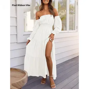 2026 Bohemian Sexy Off-Shoulder Long-Sleeve Ruched High-Waisted Side-Slit Flowing A-Line Layered Maxi Dress