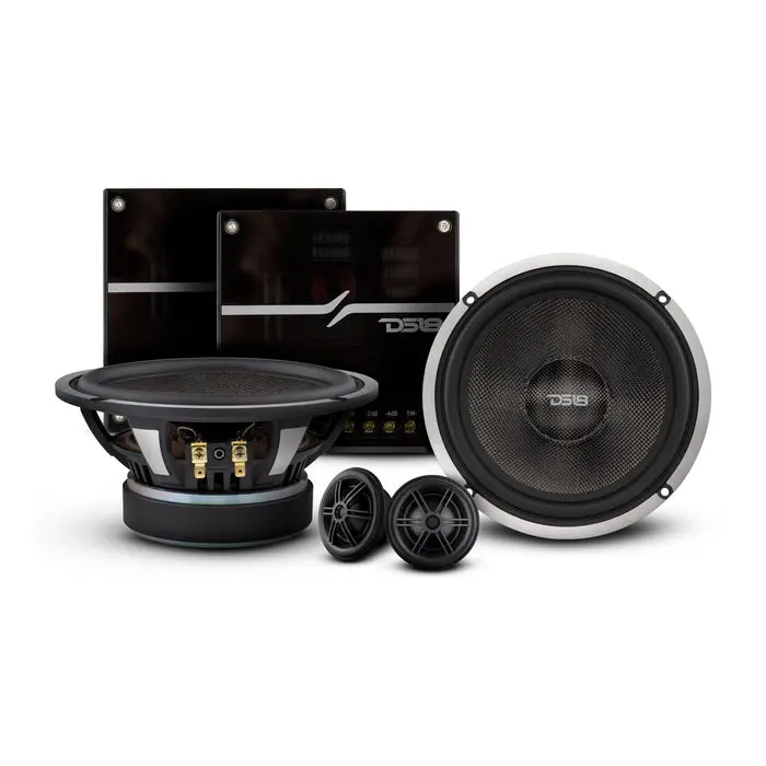 DS18 DX2 6.5" 2-Way Automotive Hifi Stereo Component Speaker Kit - Car Audio Upgrade Stereo Audio Kit with 230W RMS, 4-Ohm Kevlar Cone, Crossover, 4dB Loudness Options, Carbon Fiber Woofer, 1.2" Voice Coil Diameter