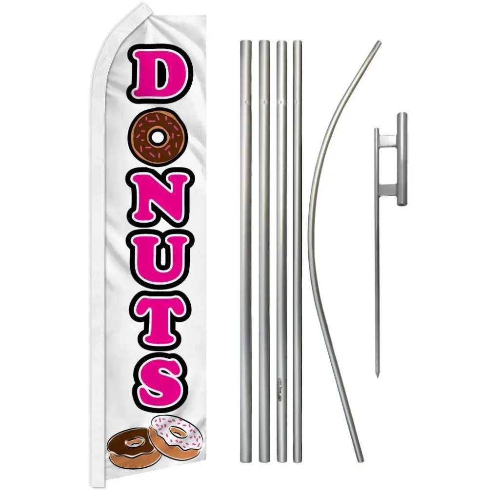 White Donut Banner & Pole Kit - Polyester Festive Party Supply with Steel-Aluminium Poles for Business, Home Party Backdrops, Windproof, 11.5Ft X 2.5Ft, 16 Feet